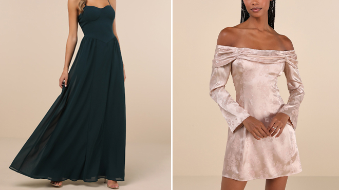 Lulus Sleeveless Bustier Maxi Dress and Lulus Satin Jacquard Off the Shoulder Mini Dress