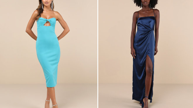 Lulus Twist Front Cutout Strapless Midi Dress and Lulus Satin Pleated Tulip Maxi Dress