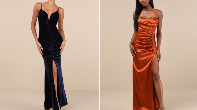 Lulus Velvet Ruched Sleeveless Maxi Dress and Lulus Satin Ruched Column Maxi Dress