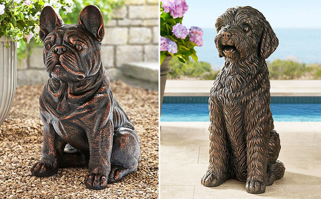 Members Mark Sitting French Bull and Sitting Doodle Dog Statues