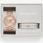 Michael Kors Lennox Pave Logo Rose Gold Tone Watch and Bracelet Set