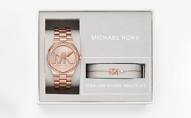 Michael Kors Lennox Pave Logo Rose Gold Tone Watch and Bracelet Set