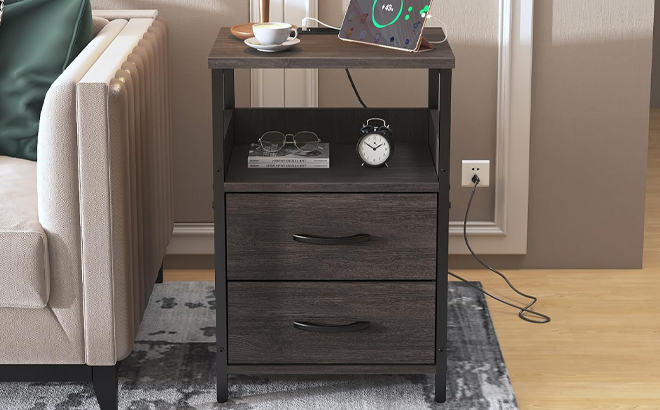 Nightstand with Charging Station in Gray