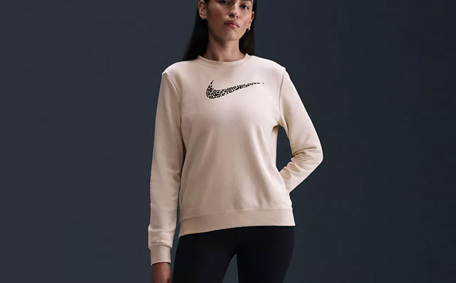 Nike Womens Leopard Fleece Crewneck Sweatshirt in Beige