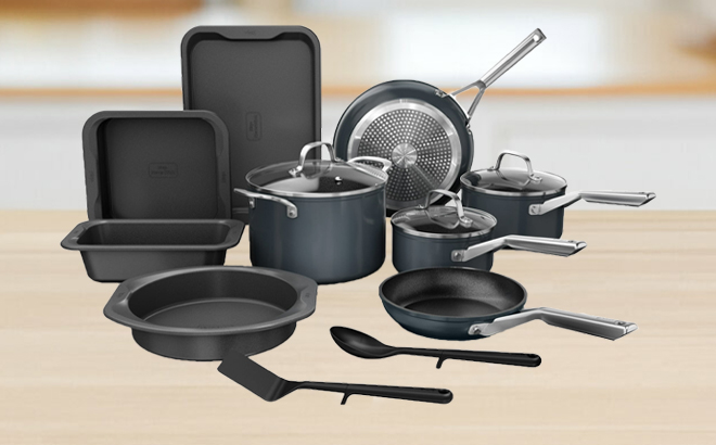 Ninja NeverStick Essential 14 Piece Cookware and Bakeware Set on a Table