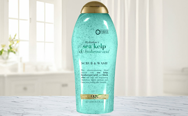 OGX Sea Kelp and Hyaluronic Acid Body Scrub Wash on a Table