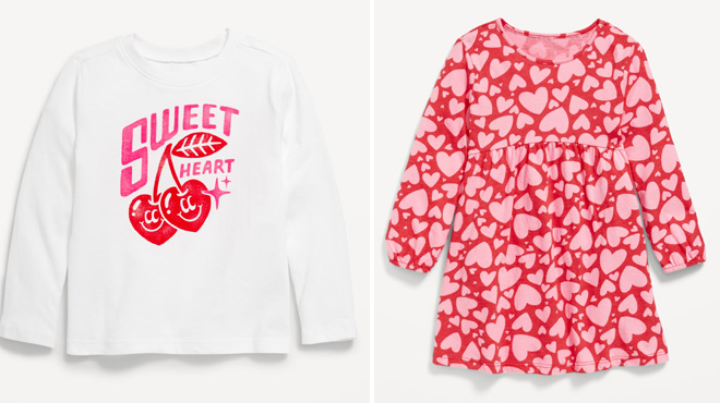 Old Navy Toddler Girls Long Sleeve Graphic T Shirt and Printed Jersey Knit Long Sleeve Dress