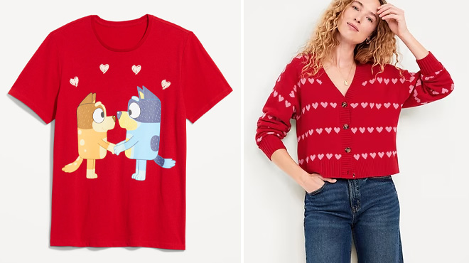 Old Navy Womens Bluey Matching Valentine T Shirt and Old Navy Womens SoSoft Valentine Print Cardigan Sweater