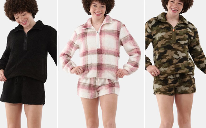 People Wearing Womens Half Zip Pullover and Shorts Plush Set