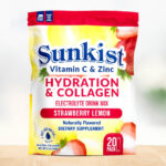 Sunkist Collagen Hydration Electrolyte Drink Mix 20 Pack Bag on a Table