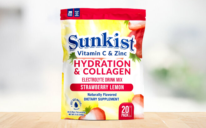 Sunkist Collagen Hydration Electrolyte Drink Mix 20 Pack Bag on a Table