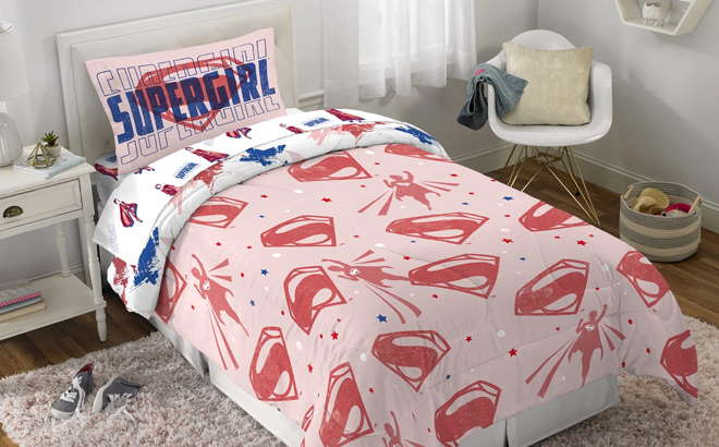 Supergirl Kids Twin Bed in a Bag on the Bed