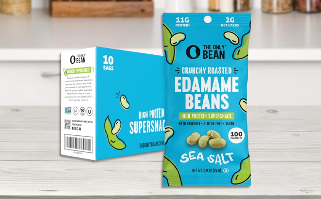 The Only Bean Crunchy Dry Roasted Edamame Snacks 10 Pack on a Table