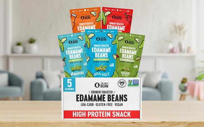 The Only Bean Crunchy Roasted Edamame Bean Snacks in the Box on the Table