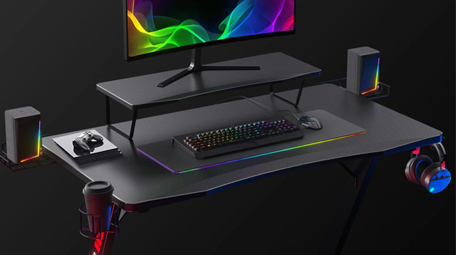 The Top of GTRACING Ergonomic Curved 3 Sided LED Z Leg Gaming Desk