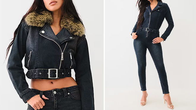 True Religion Fur Trim Denim Moto Jacket and Moto Long Sleeve Skinny Jumpsuit