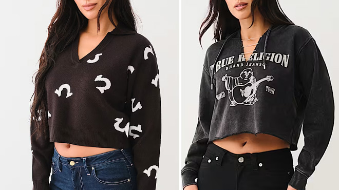 True Religion Horseshoe Notch Collar Sweater and Buddha Chain V Neck Crop Hoodie