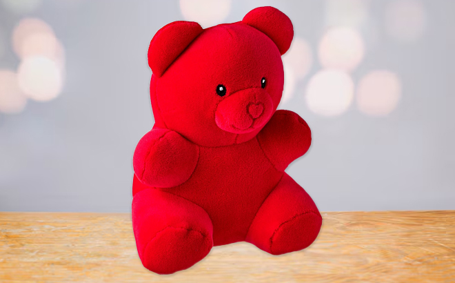 Valentine's Day Small Red Gummy Bear Plush on a Table