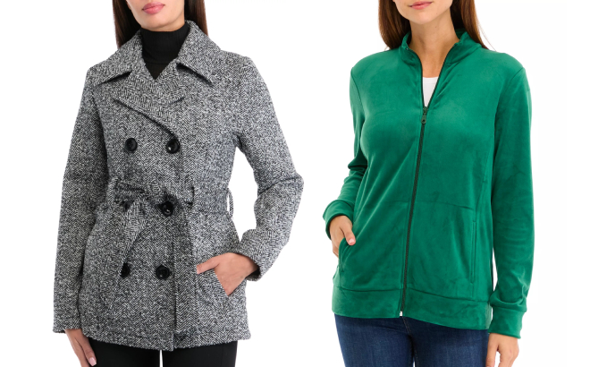 Vine Valley Womens Herringbone Faux Wool Peacoat and Kim Rogers Womens Velour Zip Jacket