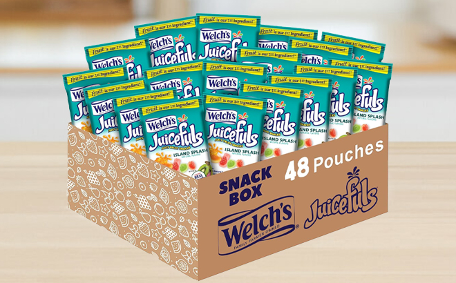 Welchs Juicefuls Island Splash Fruit Snacks 48 Pack Box on a Table