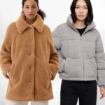 Woman wearing a GAP Womens Sherpa Coat on the left and GAP Factory Relaxed Short Puffer Jacket on the right