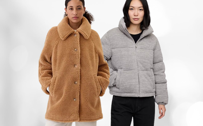 Woman wearing a GAP Womens Sherpa Coat on the left and GAP Factory Relaxed Short Puffer Jacket on the right