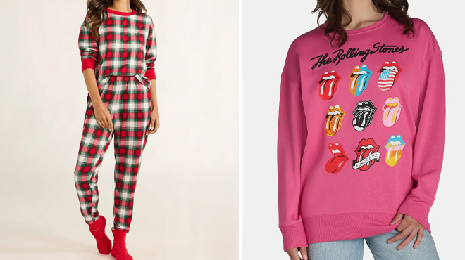 Womens Plaid Top Joggers and Socks Pajama Gift Set and Rolling Stones Graphic Pullover Sweatshirt