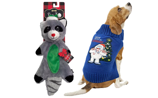 Woof Holiday Racoon Dog Toy and Rudolph Abominable Snowman Christmas Yeti Pet Sweater