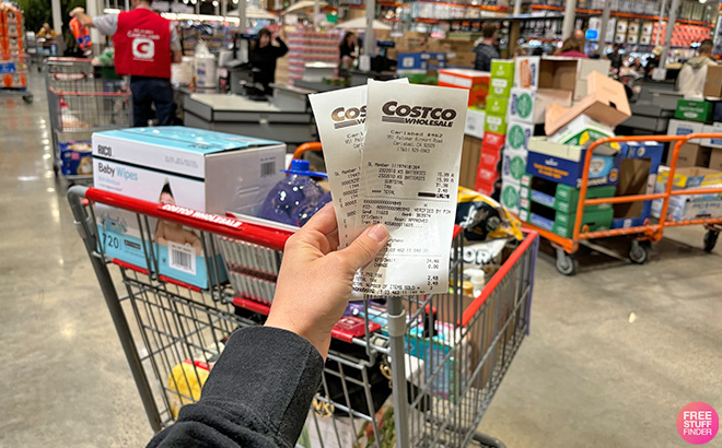 A Hand Holding Costco Receipts in front of a Shopping Cart at Costco