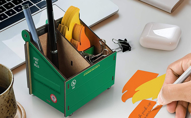 Desk Dumpster Pencil Holder with Flame Note Cards